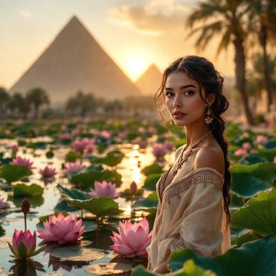 The primary subject of the image is a woman standing in a lily pond, surrounded by beautiful pink flowers. The setting is a serene, natural environment with a sunset in the background. The visual style is a combination of photo and digital art, creating a stunning and vibrant scene. The colors and mood of the image are predominantly pink and calming, evoking a sense of tranquility and beauty.